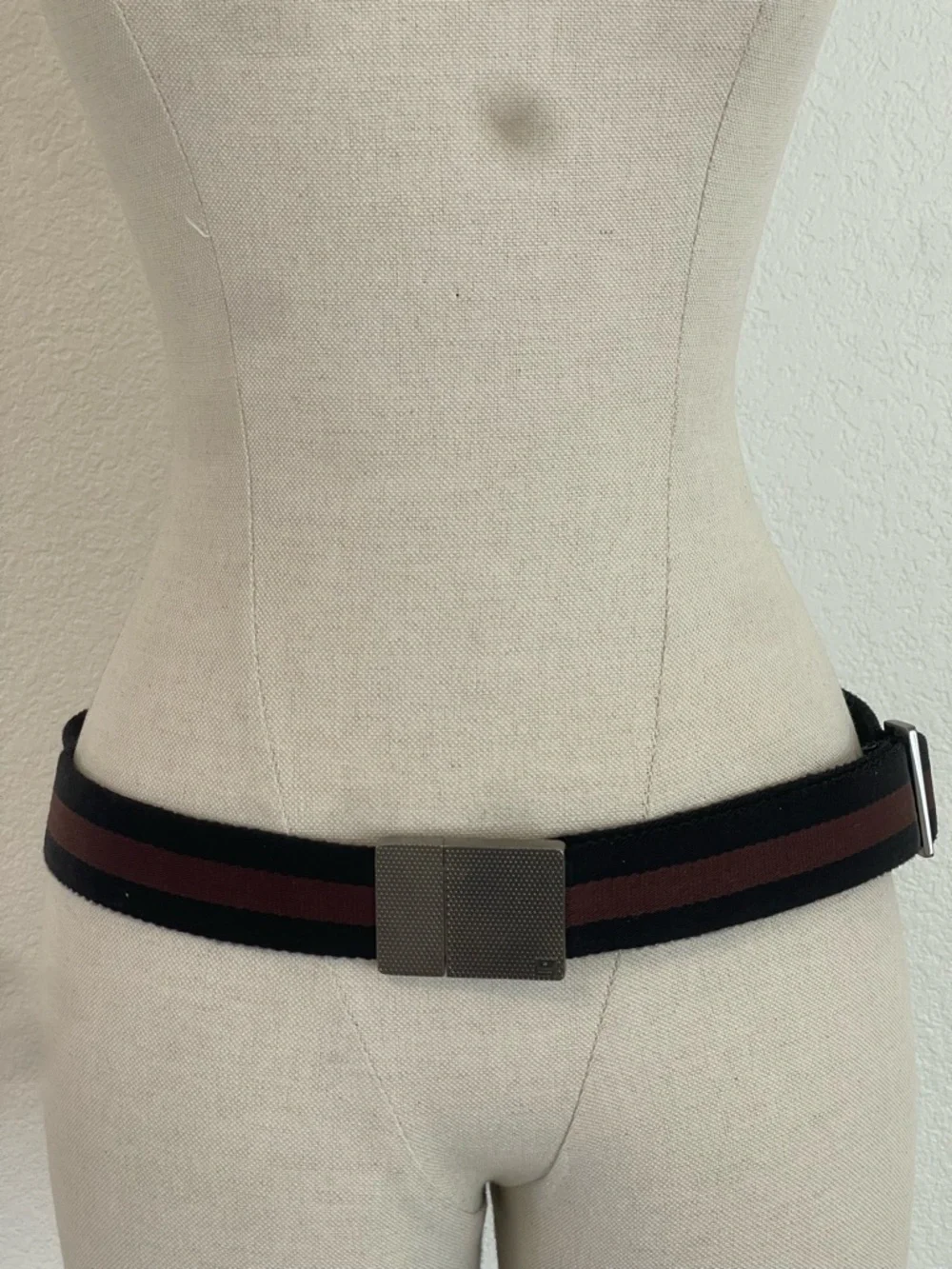 Gucci Canvas Two Tone Brown Black Stripe Web Adjustable Belt Metal Buckle Mens